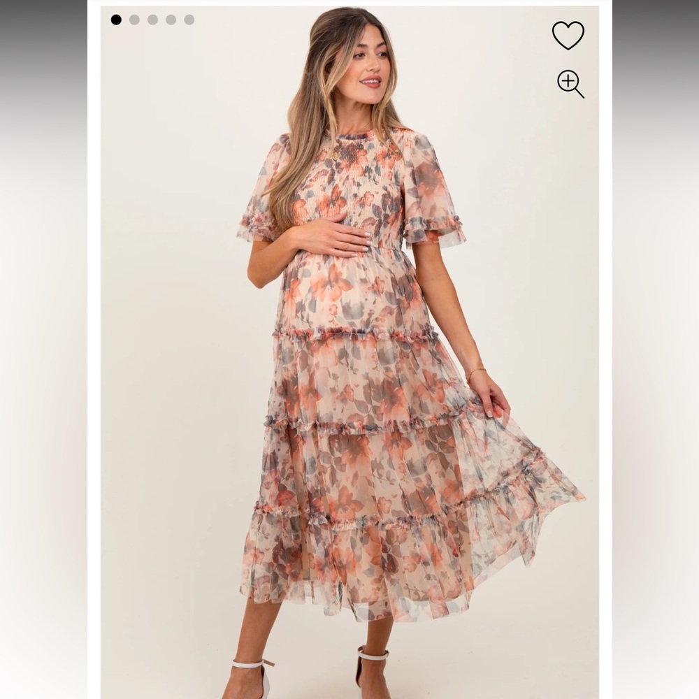 Peach Floral Mesh Smocked Maternity Midi Dress